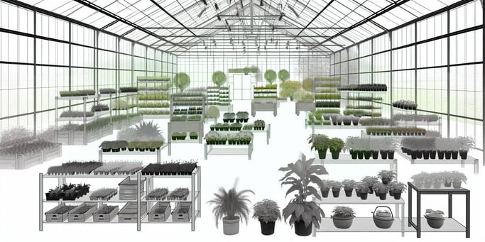 A photorealistic image of a spacious, well-lit greenhouse filled with healthy, thriving plants. Sunlight streams through the transparent walls.