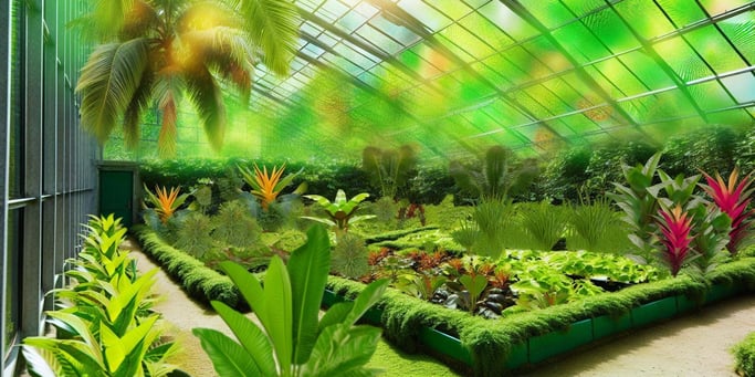 A lush, green oasis inside a personal greenhouse, filled with exotic fruits and vegetables, surrounded by controlled temperature and humidity for optimal plant growth.